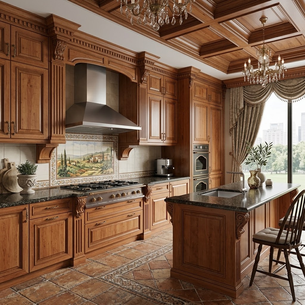 Lussuosa cucina in legno con soffitto a cassettoni, paraschizzi, isola e lampadari.