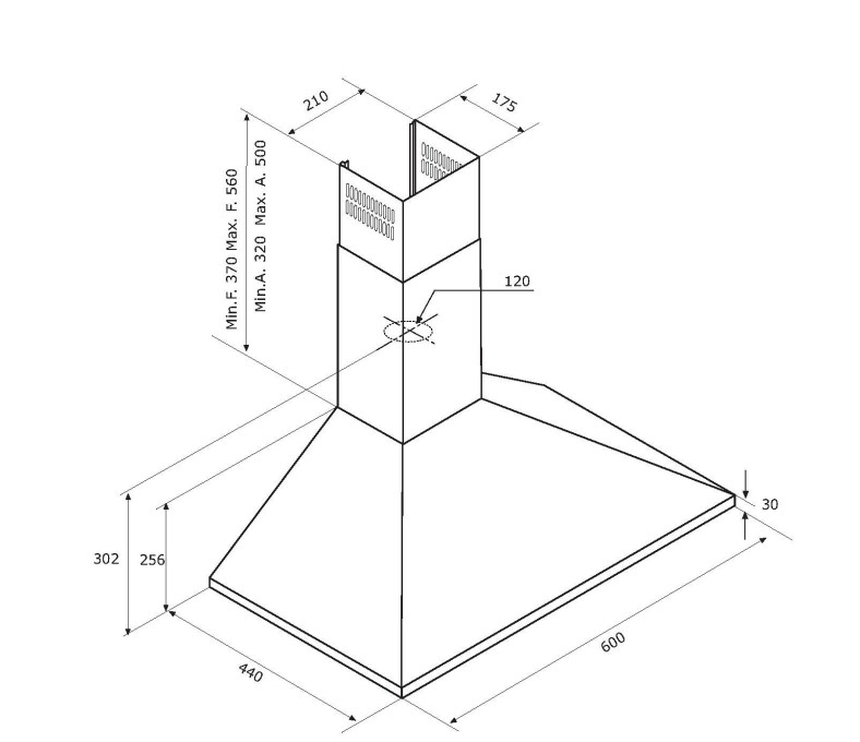 Disegno tecnico di una cappa da cucina con dimensioni in bianco e nero.