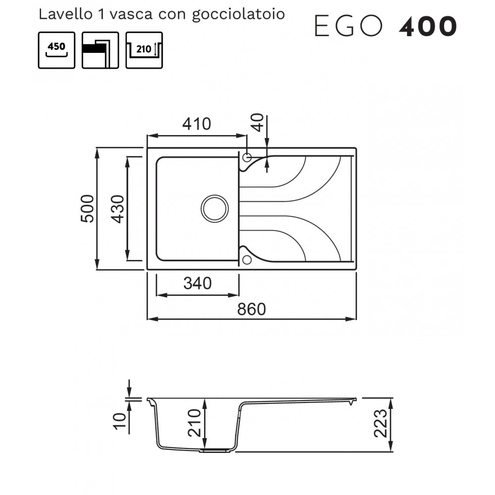 Disegno tecnico di un lavello EGO 400 con quote in millimetri in vista dall'alto e laterale.