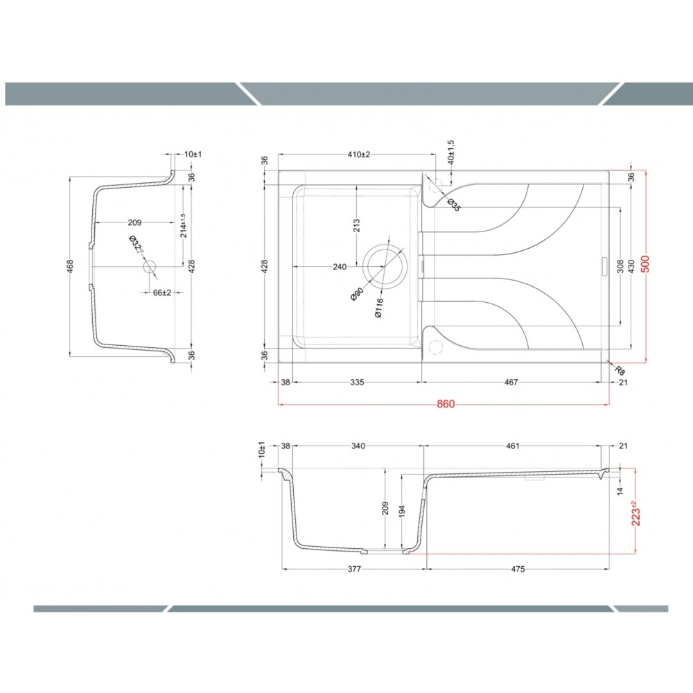 Disegno tecnico di un lavello da cucina con quote viste dall'alto, di lato e in sezione.