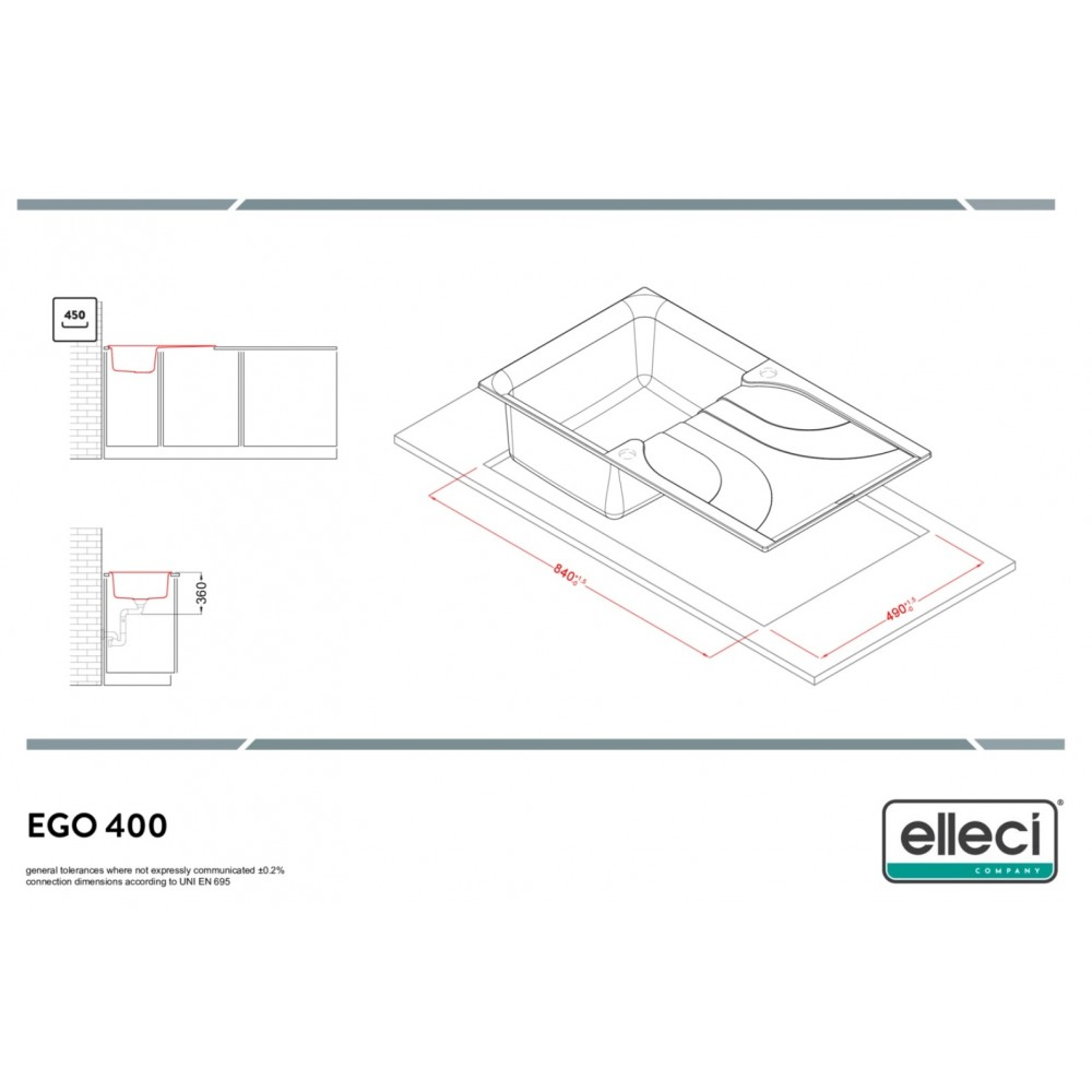 Disegno tecnico del lavello EGO 400 con dimensioni, profili laterali e logo Elleci su sfondo bianco.