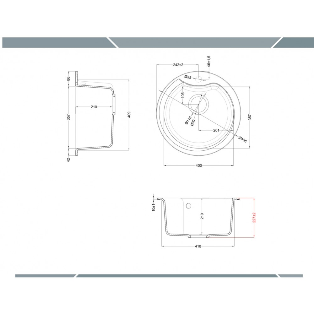 Disegno tecnico con le dimensioni di un lavello rotondo da diverse angolazioni.