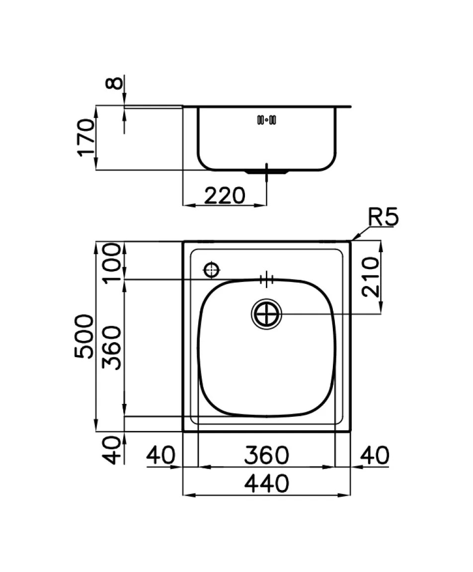 Disegno tecnico di un lavello rettangolare con dimensioni in millimetri in vista dall'alto e frontale.