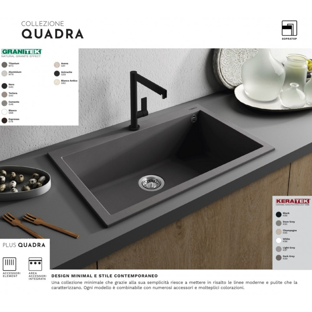 Lavello da cucina grigio scuro con rubinetto nero su piano di lavoro grigio e oggetti decorativi.
