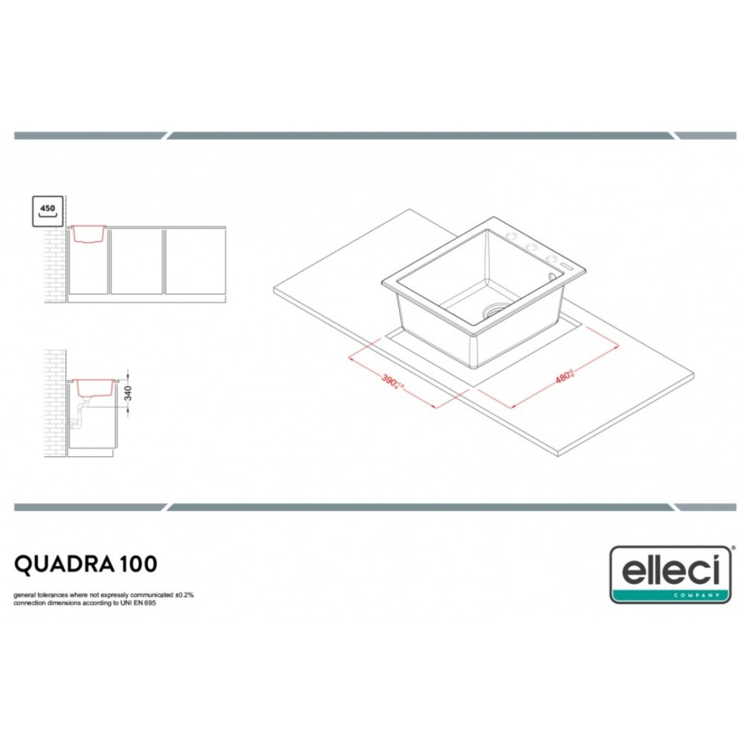 Disegno tecnico del lavello Quadra 100 con quote e viste di installazione.