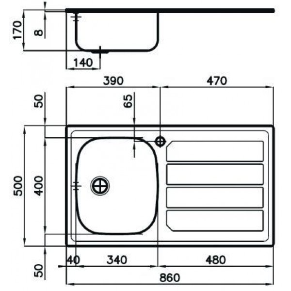 Disegno tecnico di un lavello da cucina con quote in millimetri.