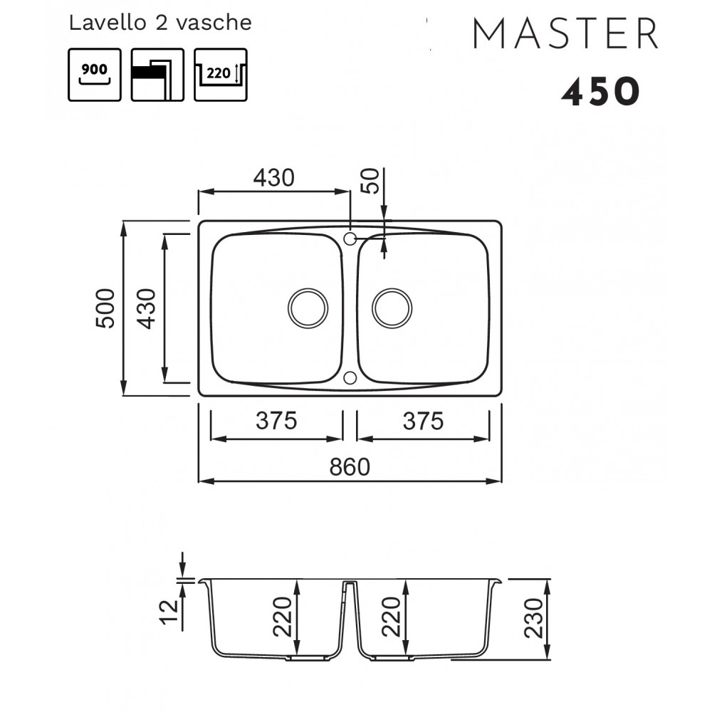 Disegno tecnico di un lavello da cucina a due vasche con quote e misure in millimetri.