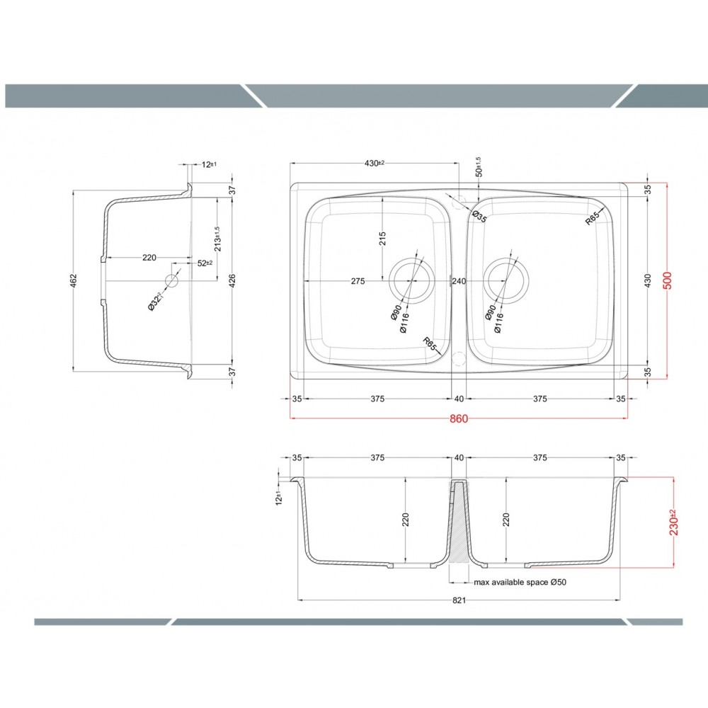 Disegno tecnico di un lavello a due vasche con quote in millimetri da varie prospettive.