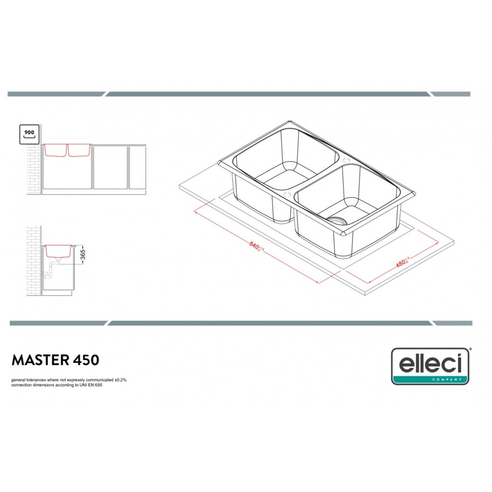 Disegno tecnico di un lavello da cucina doppio con quote e logo Elleci.