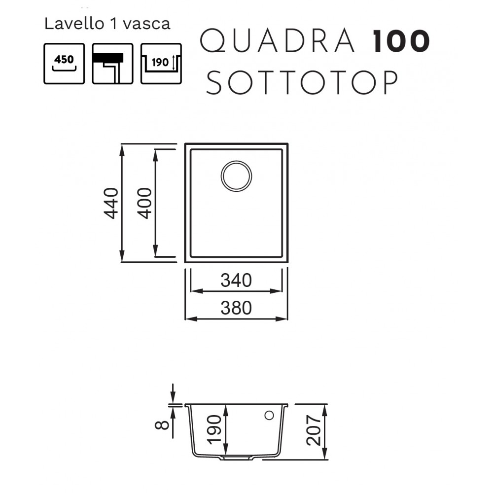 Disegno tecnico del lavello sottotop Quadra 100 con relative dimensioni.