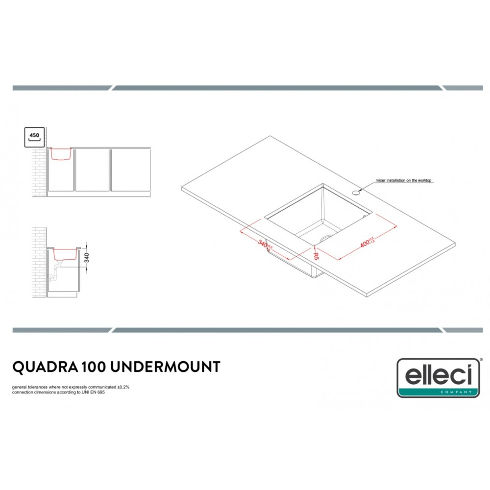 Disegno tecnico del lavello sottotop Quadra 100 con quote e logo.
