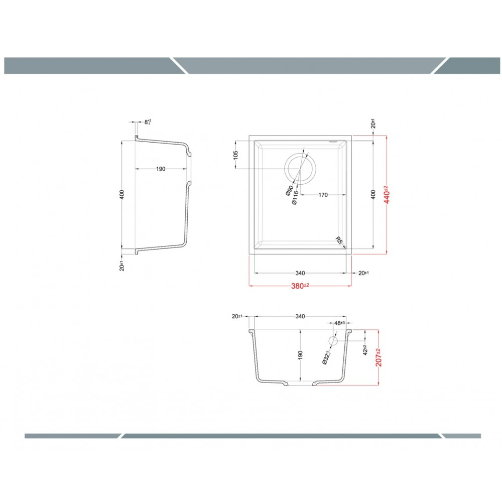 Disegno tecnico di un lavello da cucina con quote e viste dall'alto, frontale e laterale.