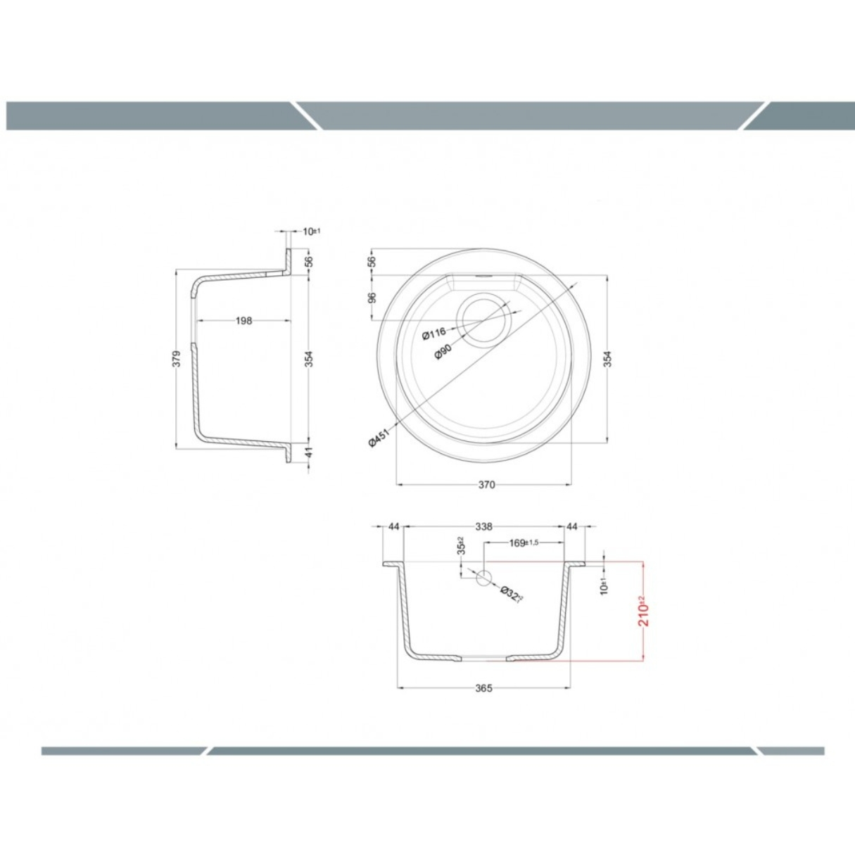 Disegno tecnico di un lavello rotondo con quote in millimetri da tre viste.