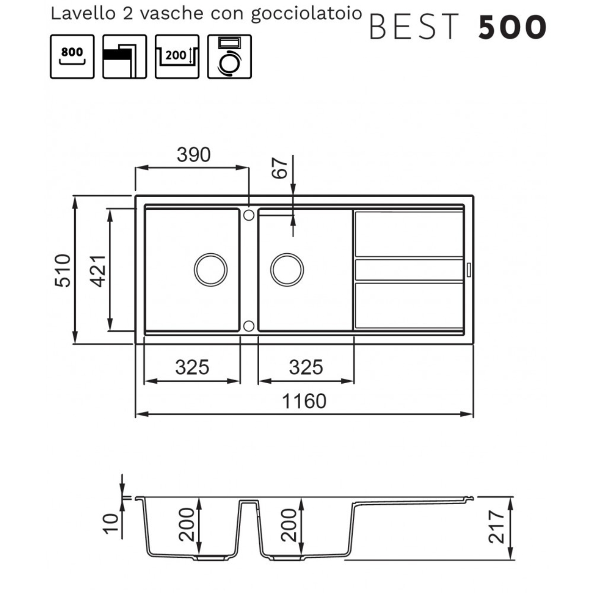 Disegno tecnico di un lavello a due vasche con gocciolatoio e quote dimensionali.