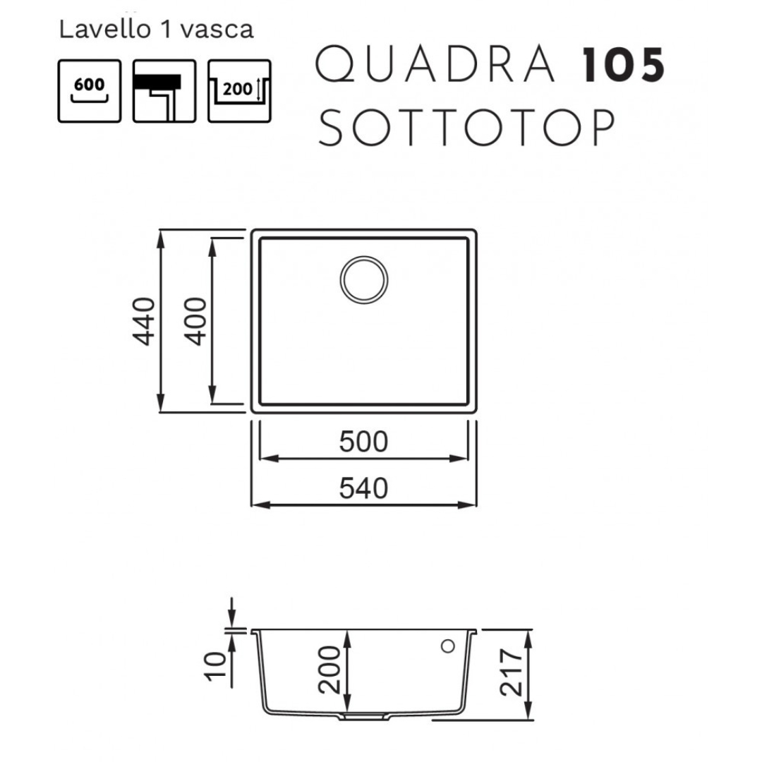 Disegno tecnico del lavello sottotop Quadra 105 Sottotop con quote dimensionali.