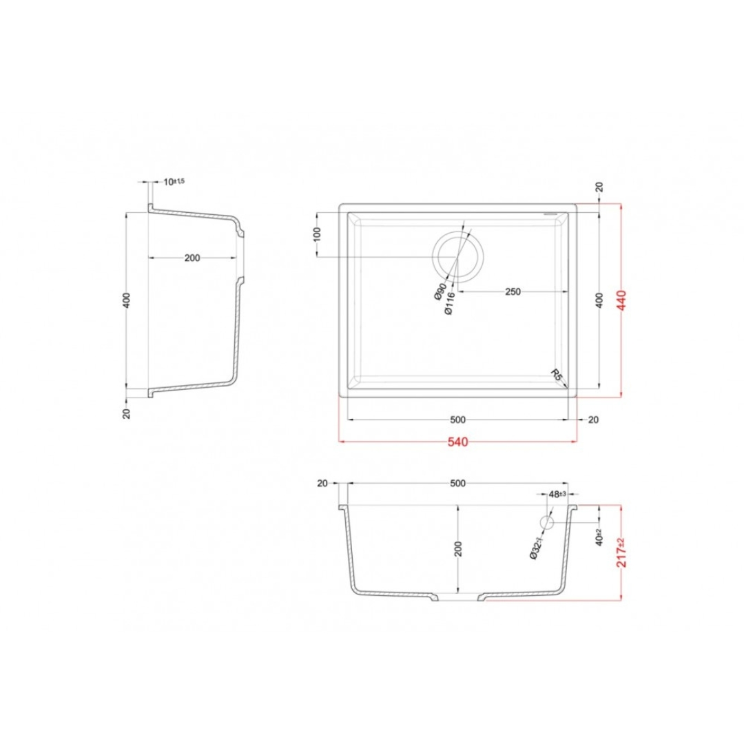 Disegno tecnico di un lavello da cucina rettangolare con misure dimensionali in millimetri da più angolazioni.