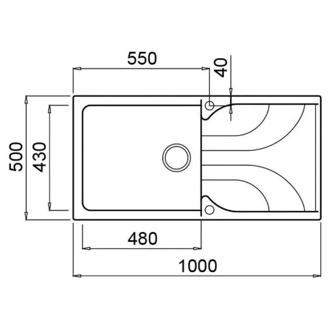 Disegno tecnico di un lavello rettangolare 1000x500 mm, con una vasca e uno sgocciolatoio.