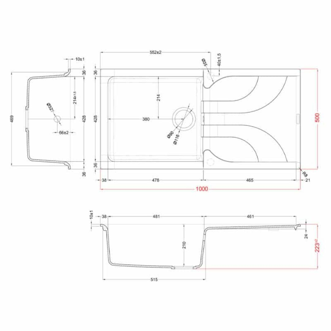 Disegno tecnico di un lavello con quote e viste dall'alto e laterale.