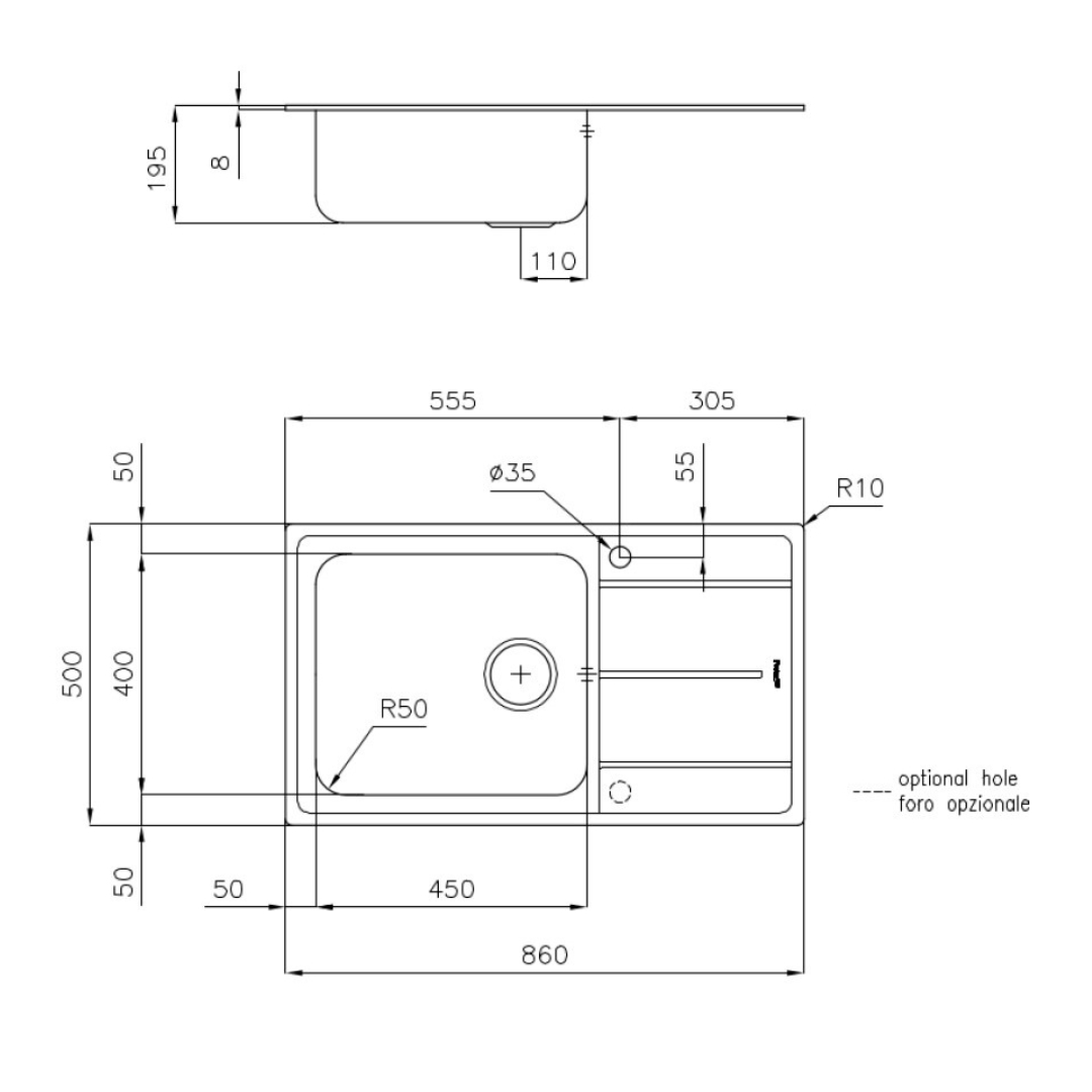 Disegno tecnico di un lavello da cucina con dimensioni in millimetri in vista dall'alto e laterale.