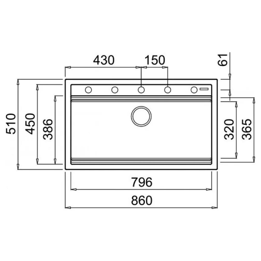 Disegno tecnico di un lavello da cucina con dimensioni e aperture circolari.