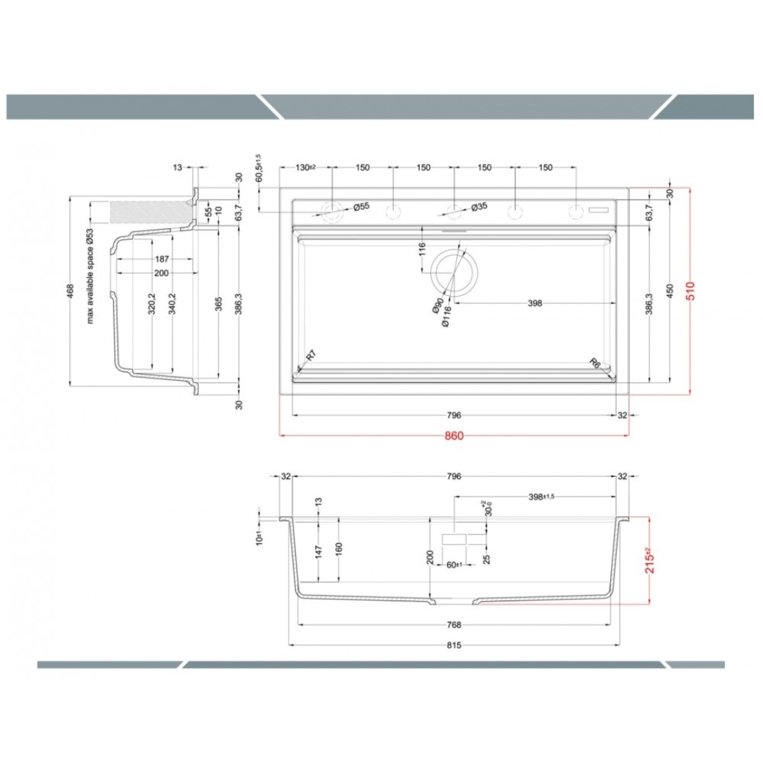 Disegno tecnico di un lavello con dimensioni precise.