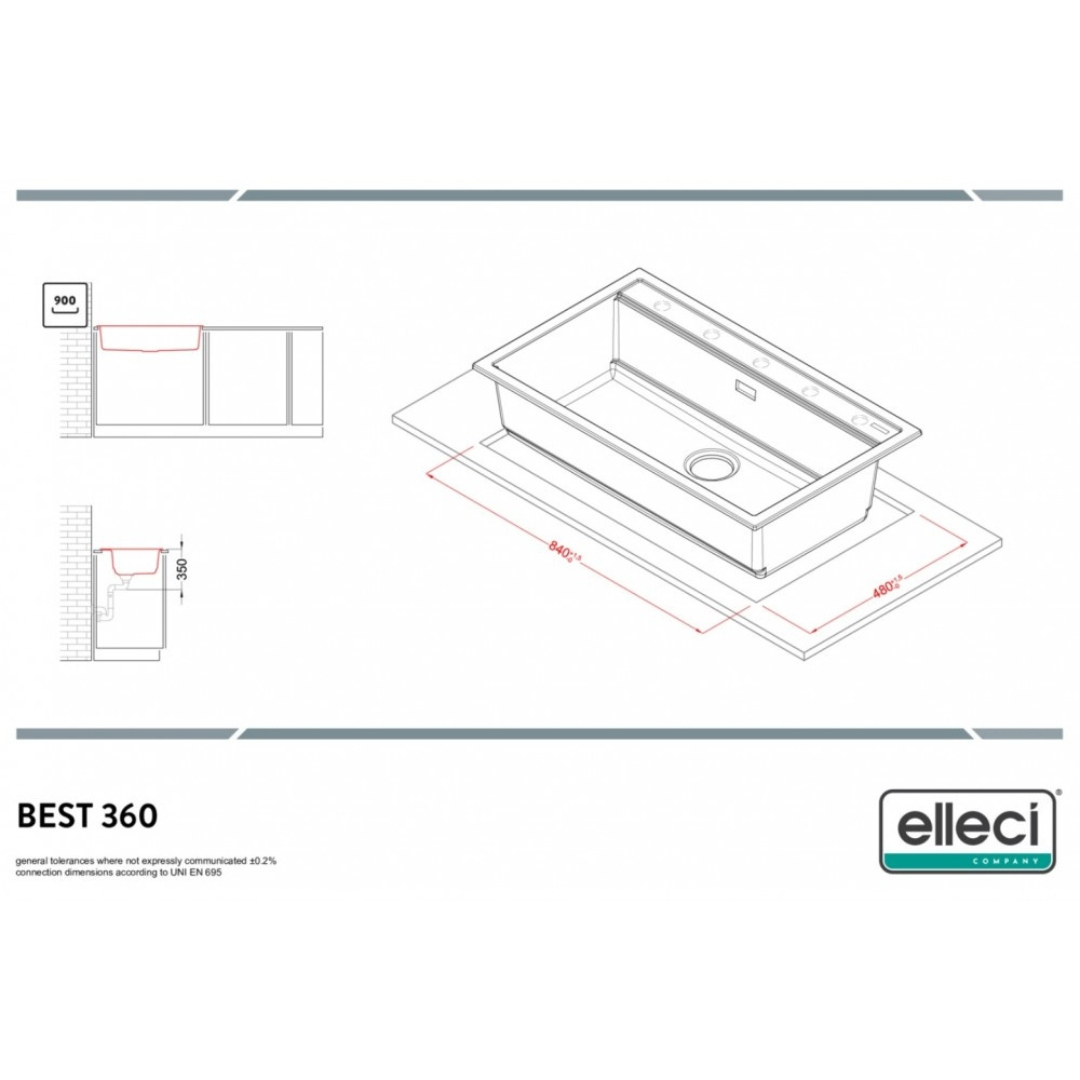 Disegno tecnico del lavello BEST 360 con dimensioni, viste di installazione e logo Elleci.