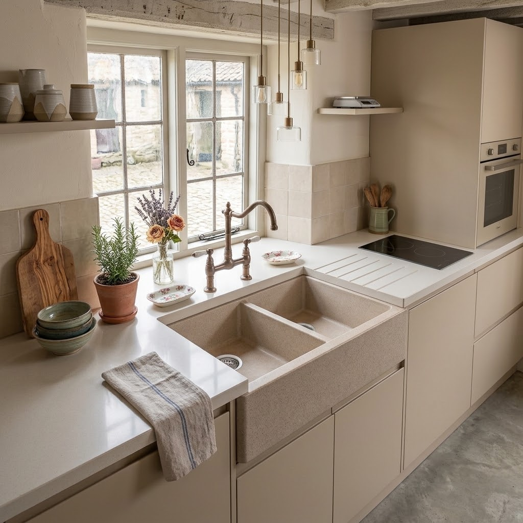 Una cucina luminosa con un grande lavandino, tagliere, finestre con vista esterna e lampade a sospensione.