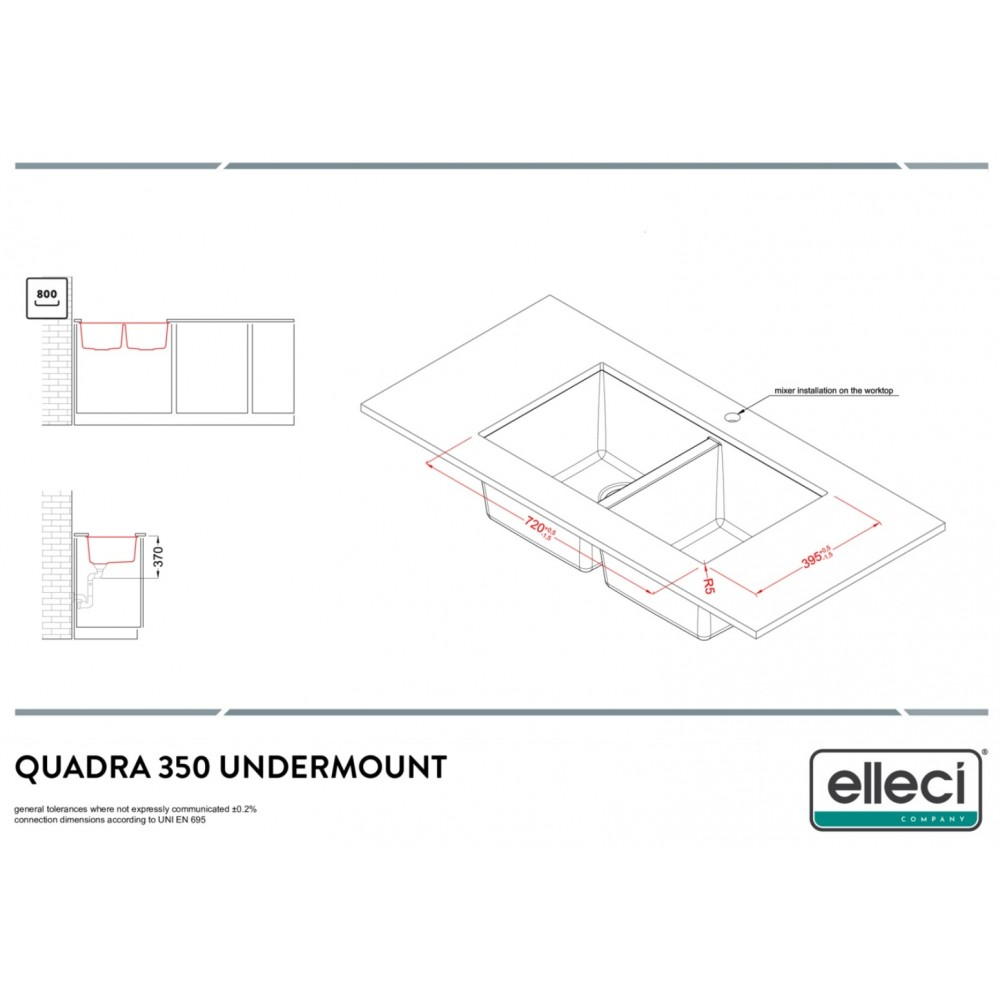 Disegno tecnico del lavello sottotop Quadra 350 con dimensioni e dettagli di installazione.