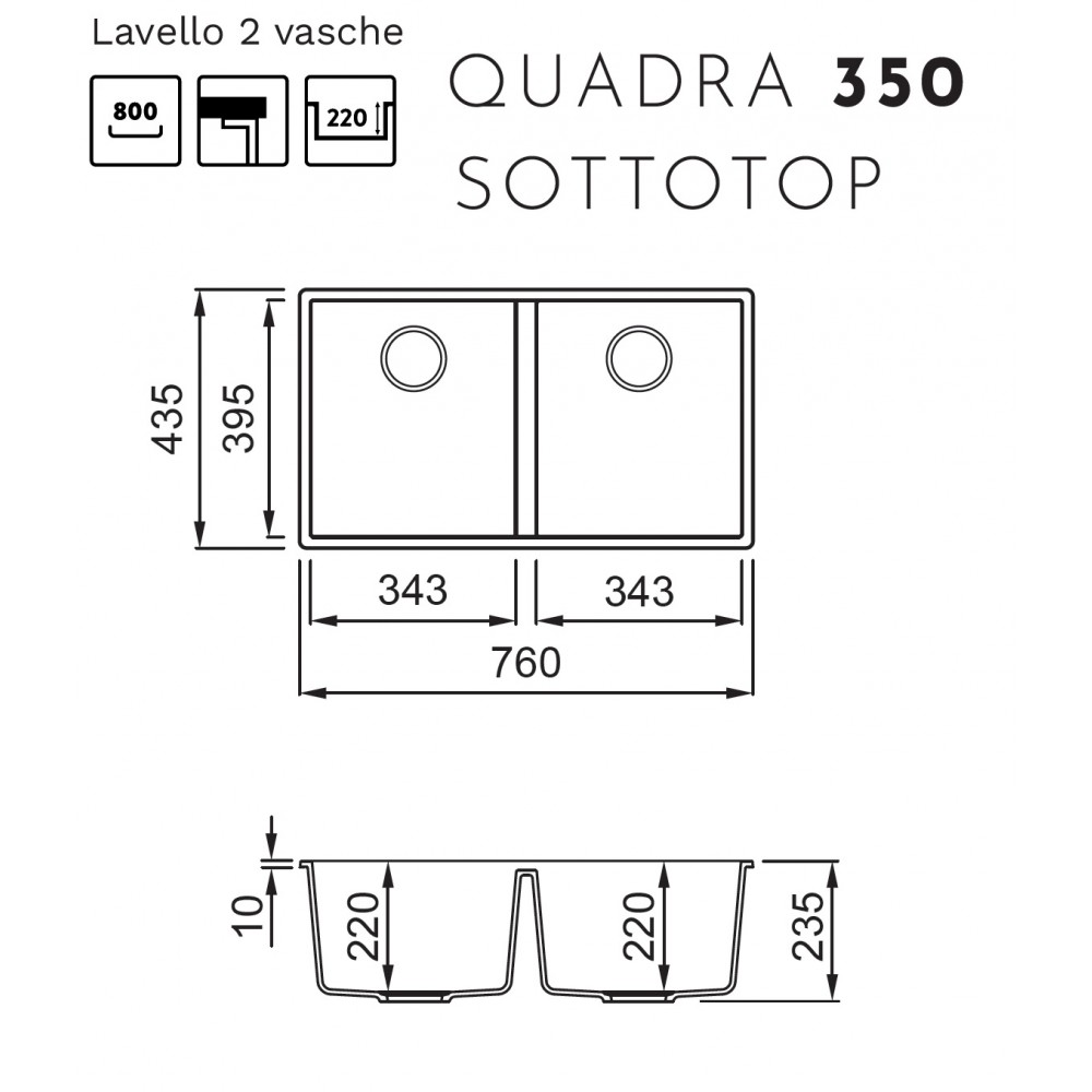 Disegno tecnico del lavello sottotop a due vasche Quadra 350 con dimensioni.