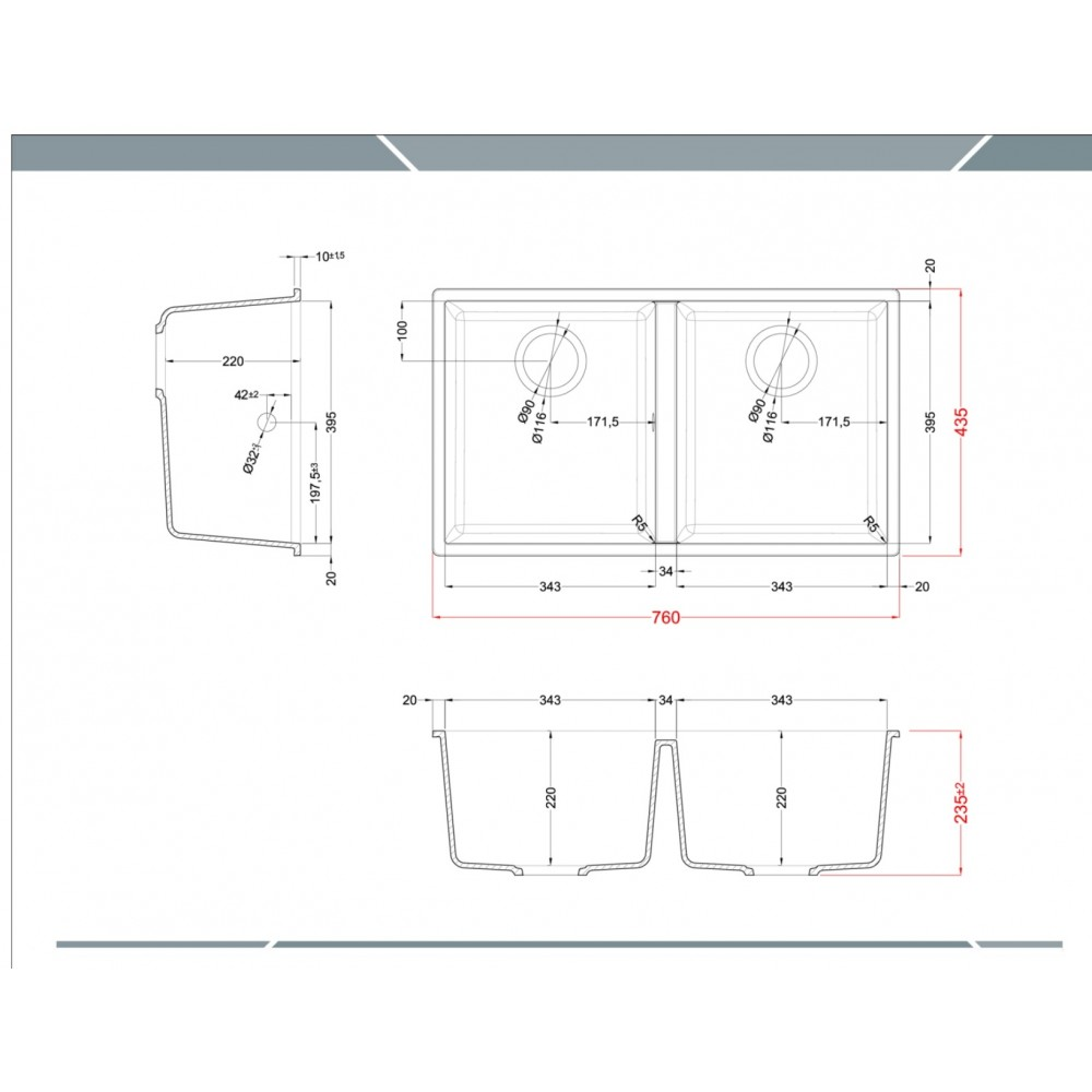 Disegno tecnico di un lavello doppio con misure in millimetri da varie angolazioni.