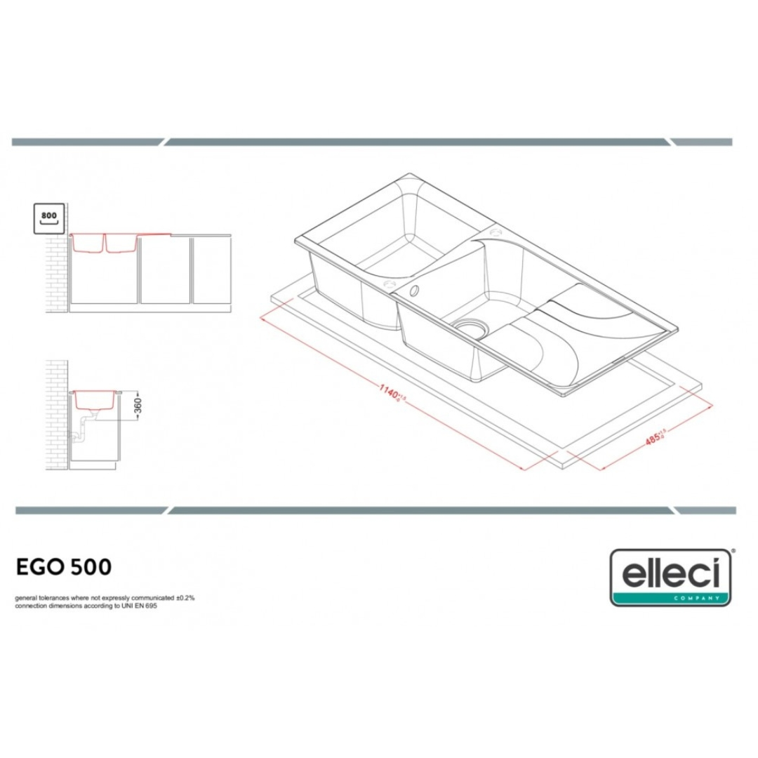 Disegno tecnico di un lavello Ego 500 con dimensioni e logo Elleci.