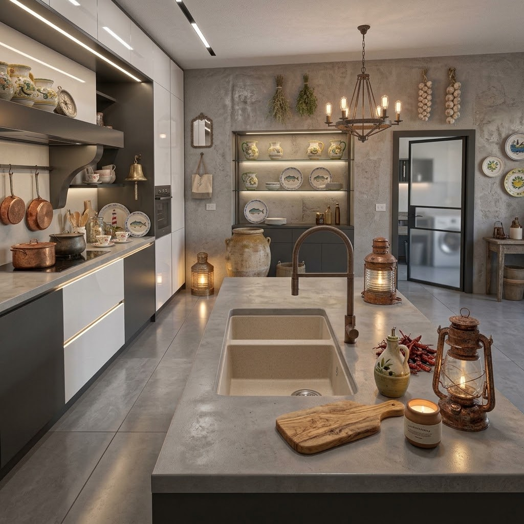 Cucina moderna con isola in cemento, pentole di rame, lanterne e scaffali con stoviglie su pareti rustiche.