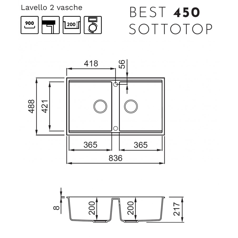 Disegno tecnico di un lavello doppio sottotop con dimensioni dettagliate.