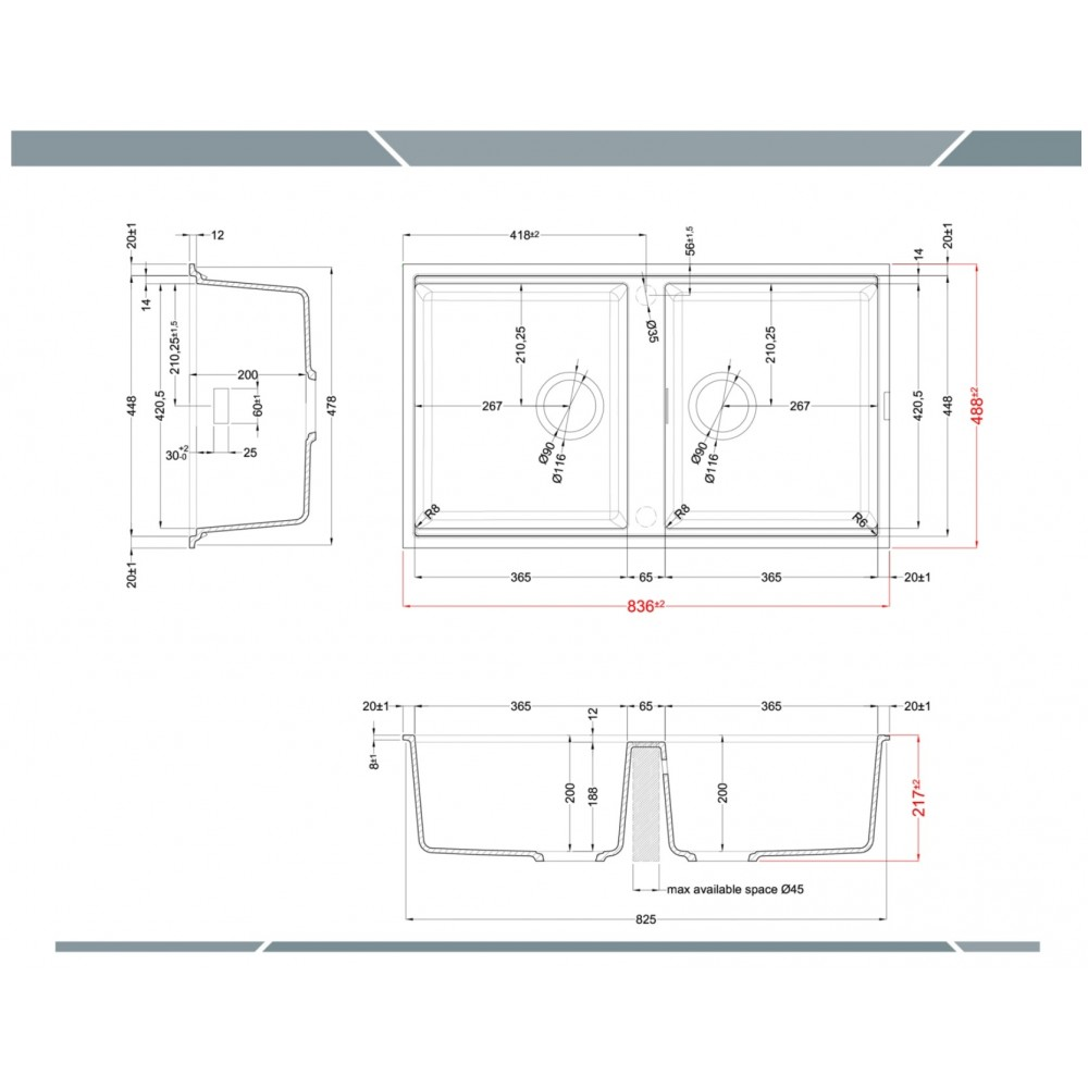 Disegno tecnico di un lavello da cucina a due vasche con dimensioni in millimetri da varie angolazioni.