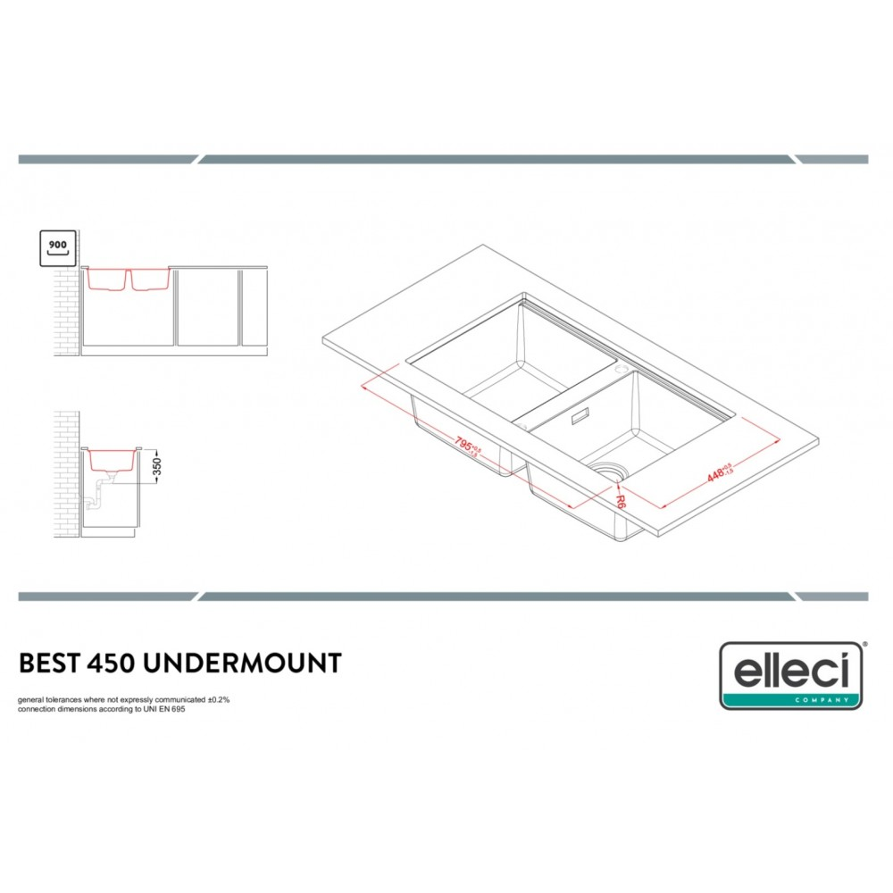 Disegno tecnico di un lavello sottotop Elleci Best 450 con quote dimensionali.