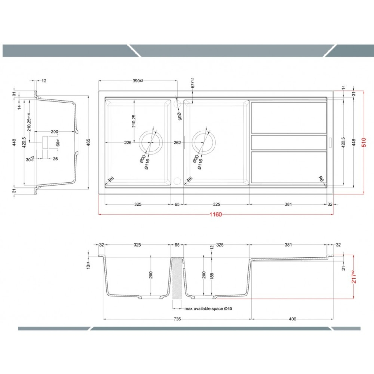 Disegno tecnico di un lavello da cucina in acciaio inossidabile con quote in millimetri.