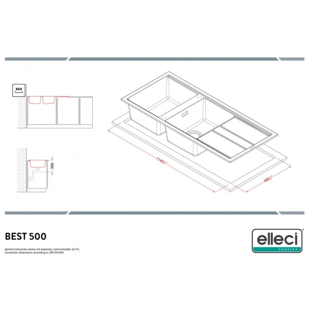 Disegno tecnico di un lavello da cucina doppio con quote e logo Elleci.