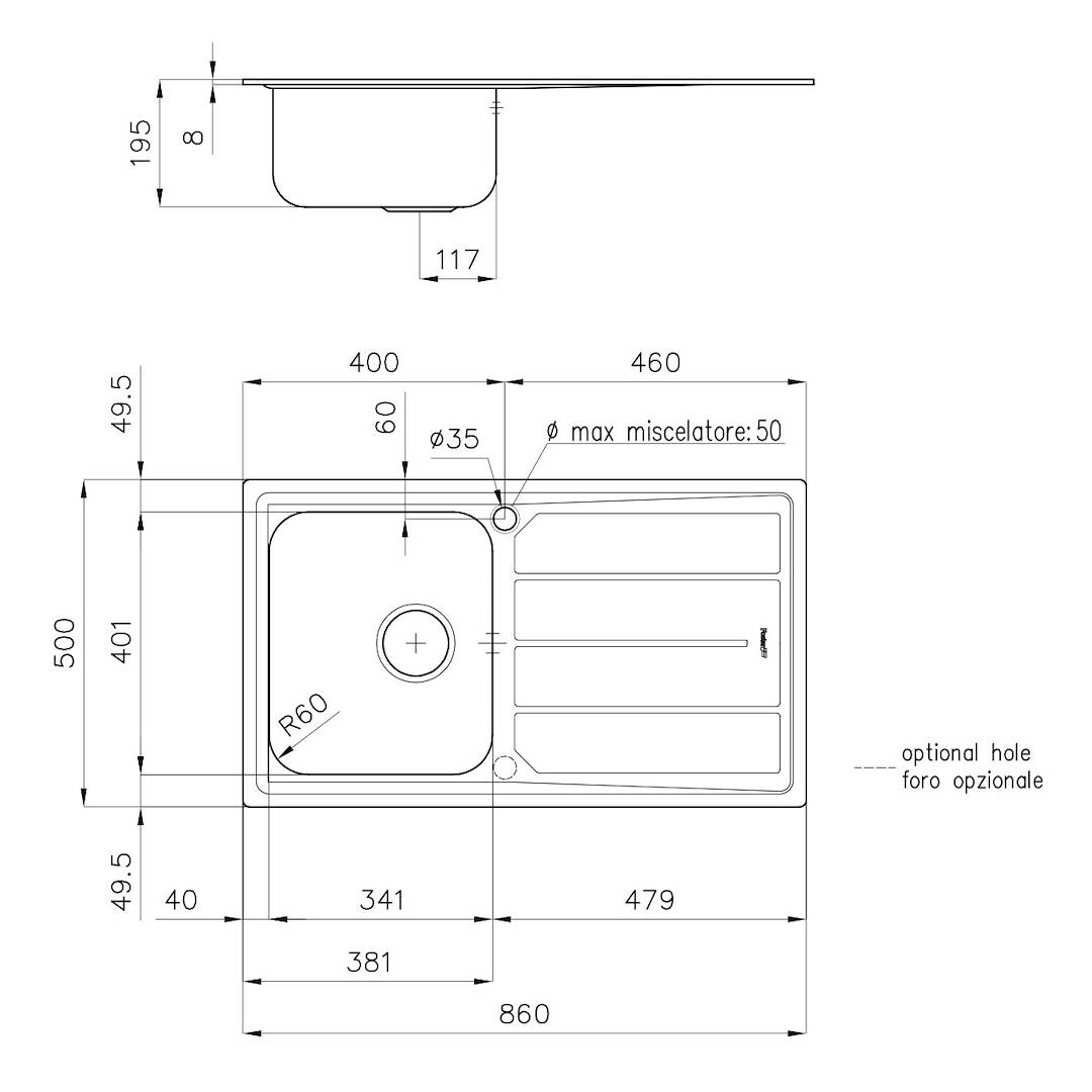 Disegno tecnico di un lavello da cucina con quote in millimetri.