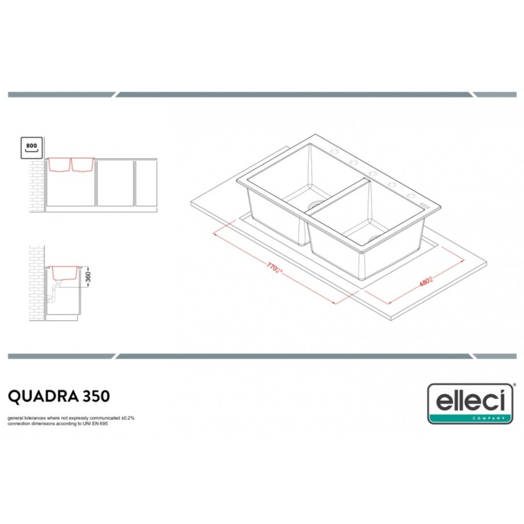 Disegno tecnico di un lavello doppio Quadra 350 con dimensioni e logo Elleci.