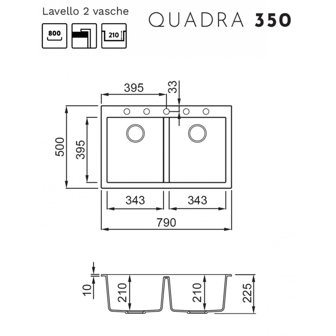 Disegno tecnico di un lavello a due vasche Quadra 350 con quote.