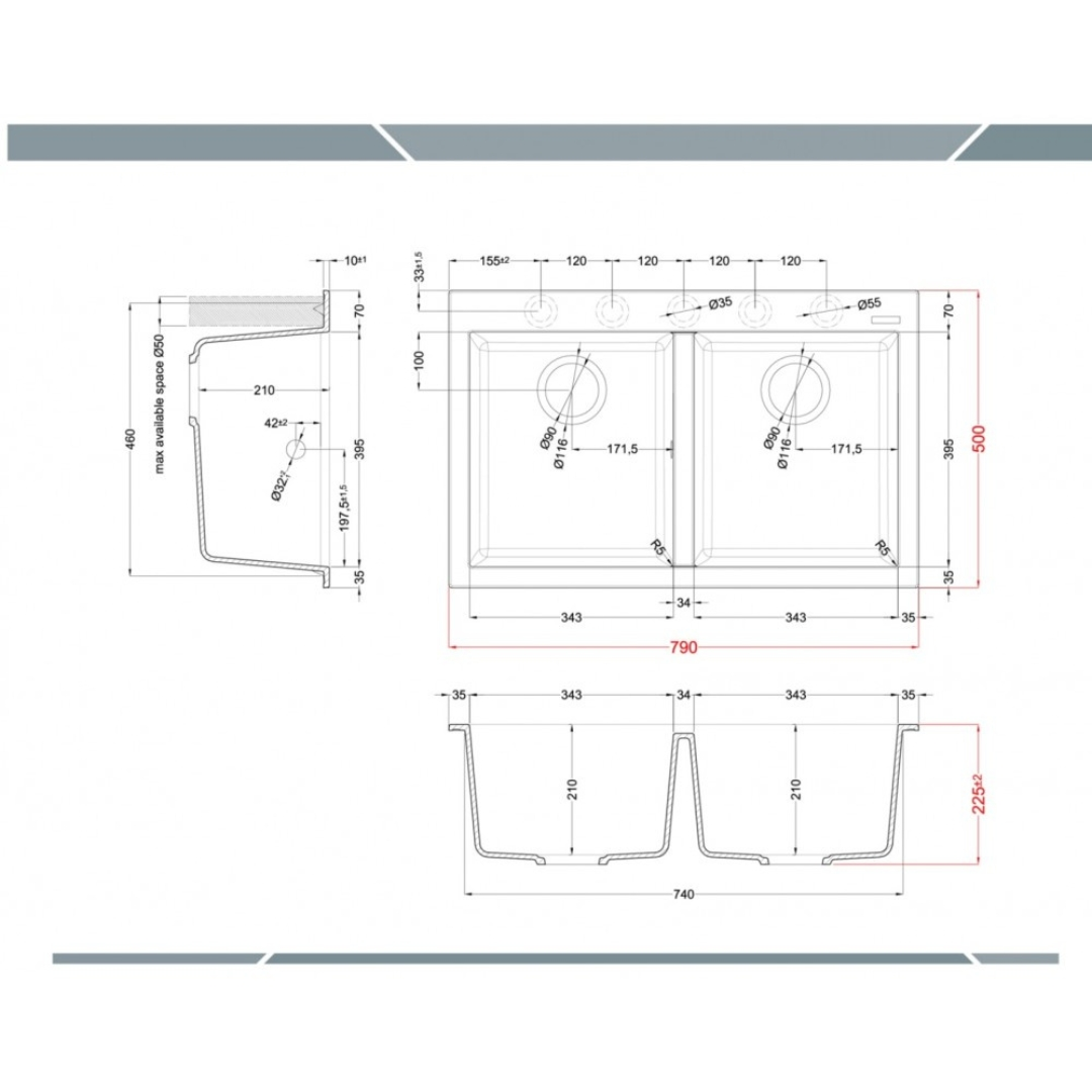 Disegno tecnico di un lavello da cucina a due vasche con misurazioni dimensionali precise in millimetri.