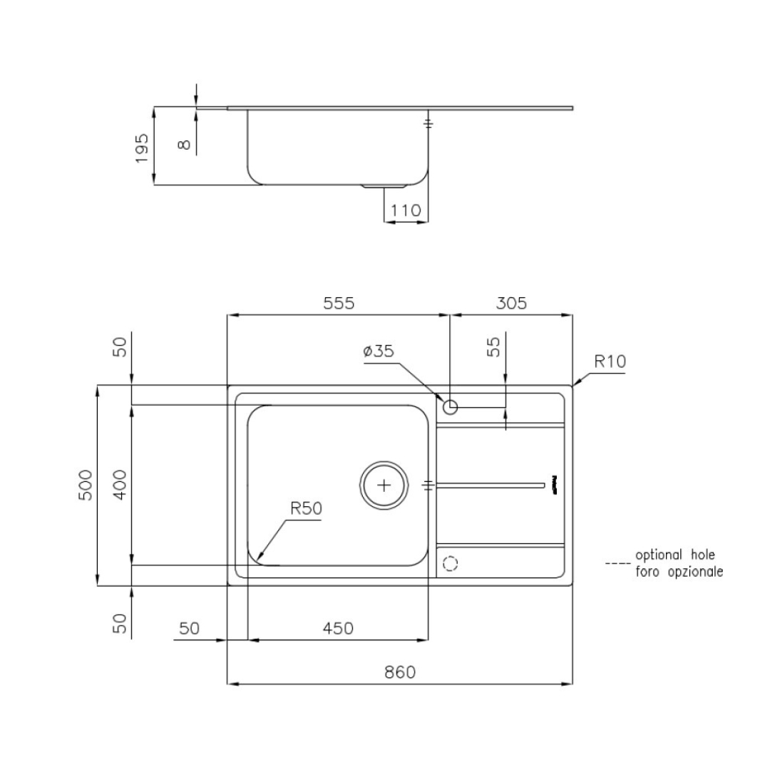Disegno tecnico di un lavello da cucina con misure e scarico.