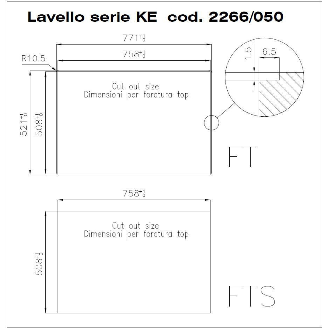 Disegno tecnico con quote per lavello serie KE cod. 2266/050.