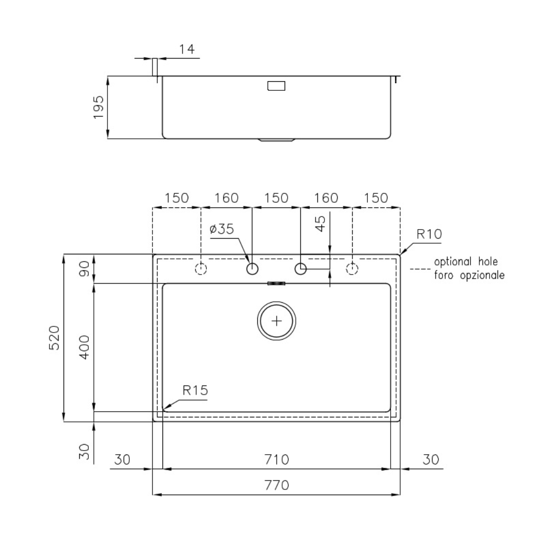 Disegno tecnico di un lavello con dimensioni e spaziatura dei fori.