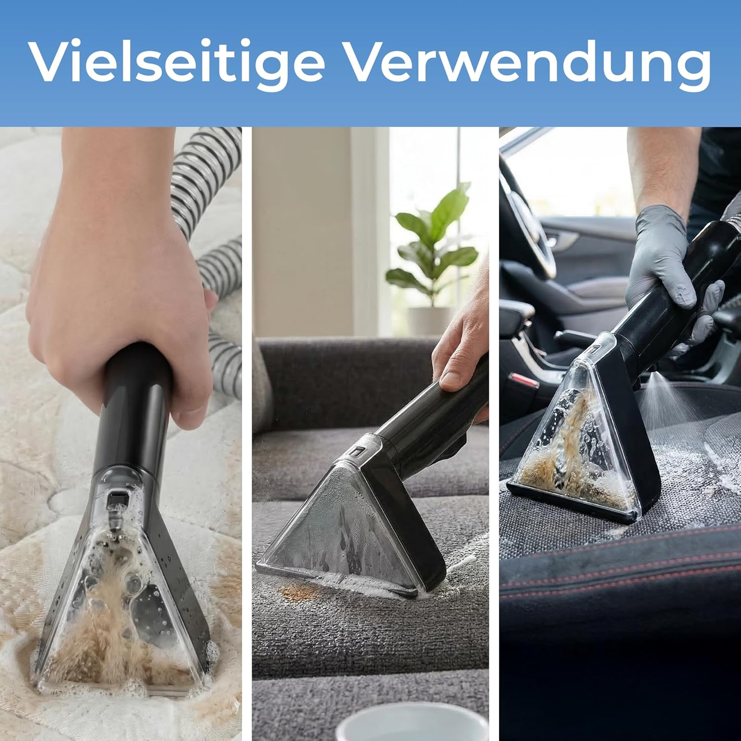 Drei Bilder zeigen die vielseitige Reinigung mit einem Teppichreiniger auf Matratzen, Sofas und Autositzen.