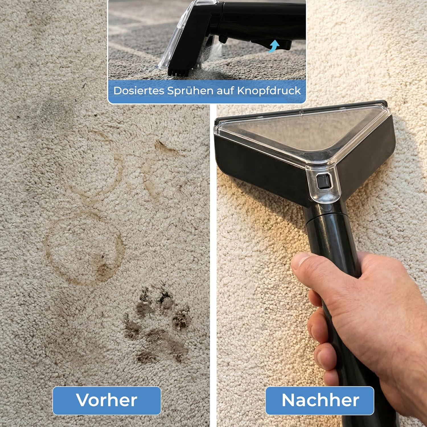 Vergleich eines schmutzigen Teppichs mit Flecken vorher und nach der Reinigung mit einem Sprühextraktor.