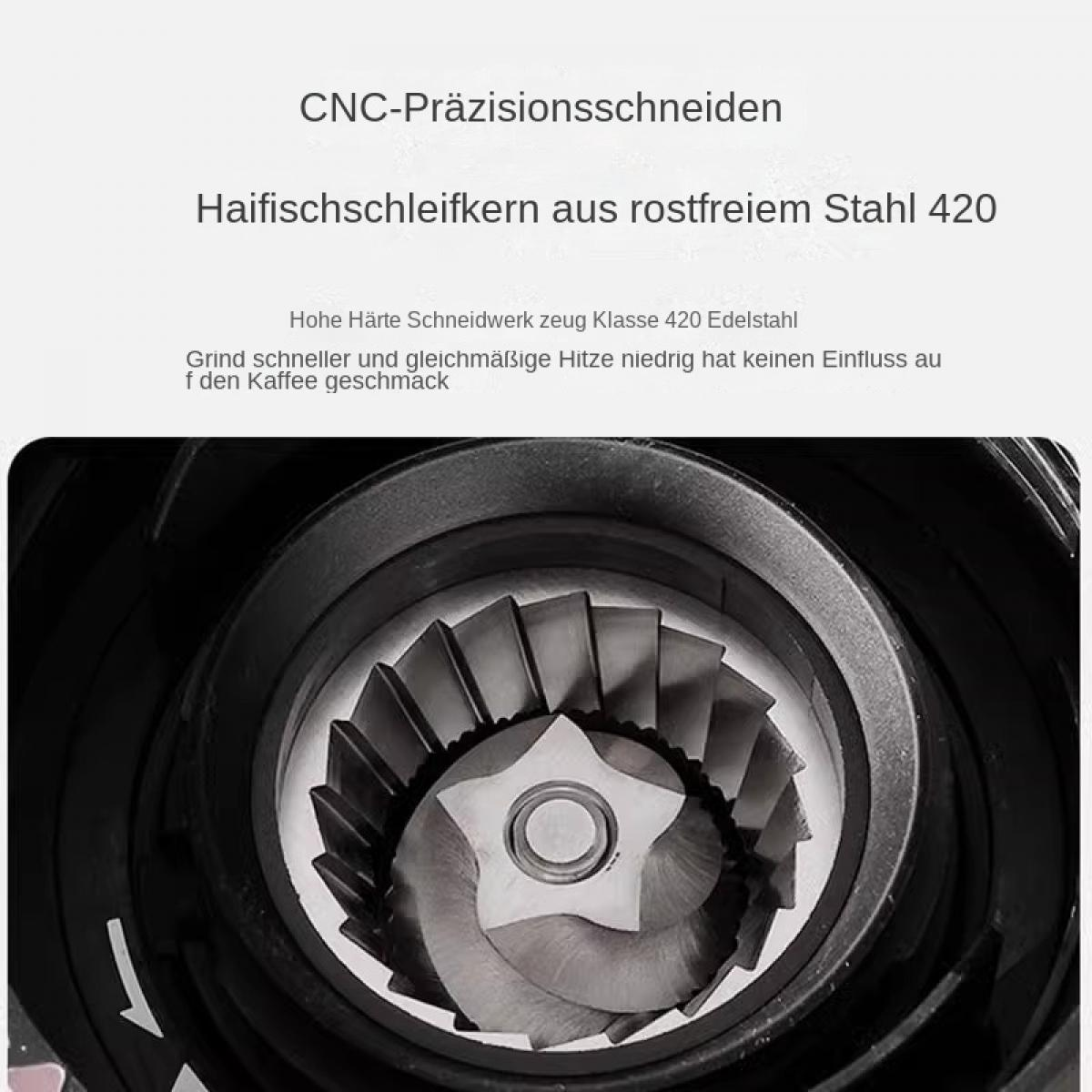 Nahaufnahme eines Kaffeemahlwerks aus Edelstahl mit deutschem Text darüber.