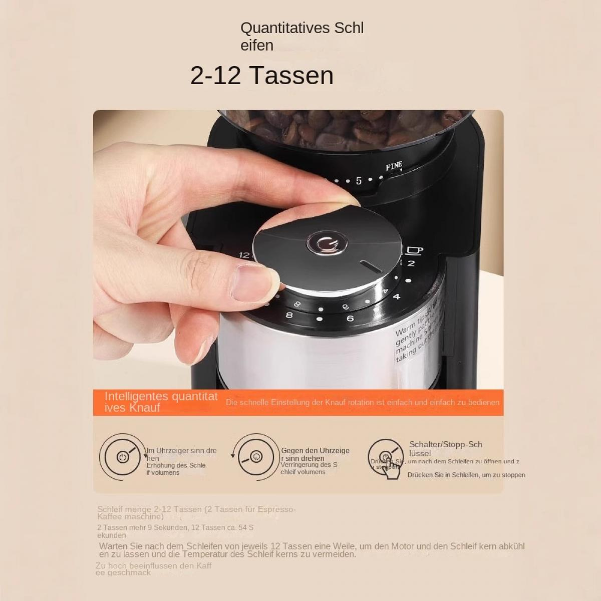 Hand bedient den Einstellknopf einer schwarzen Kaffeemühle mit German Text.