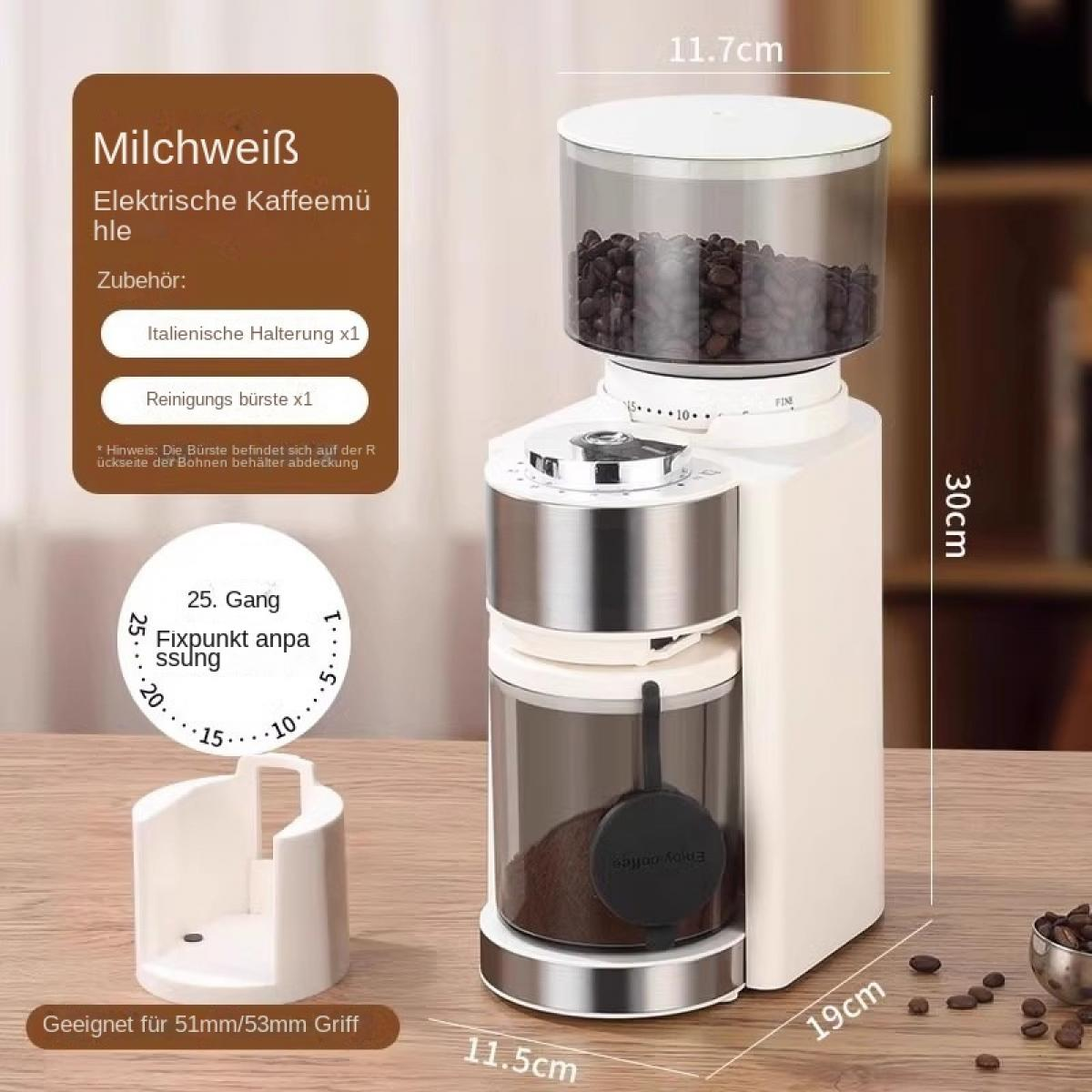 Milchweiße elektrische Kaffeemühle mit Bohnenbehälter, Einstellskala und Maßen auf Holzoberfläche.