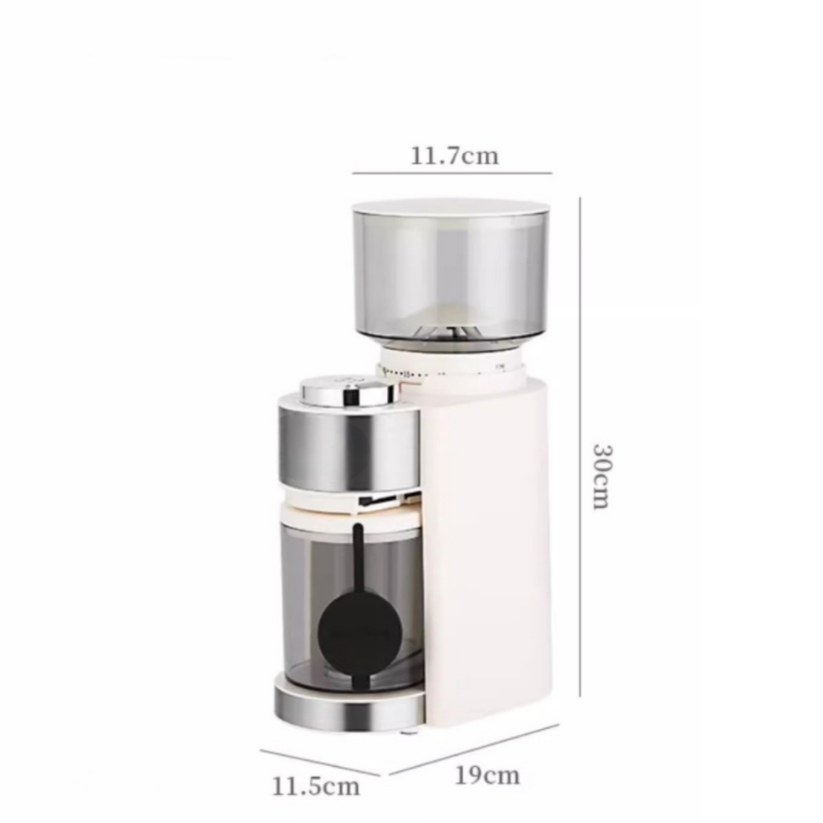 Eine weiße Kaffeemühle mit transparentem Bohnenbehälter, silbernen Details und Maßangaben in Zentimetern.